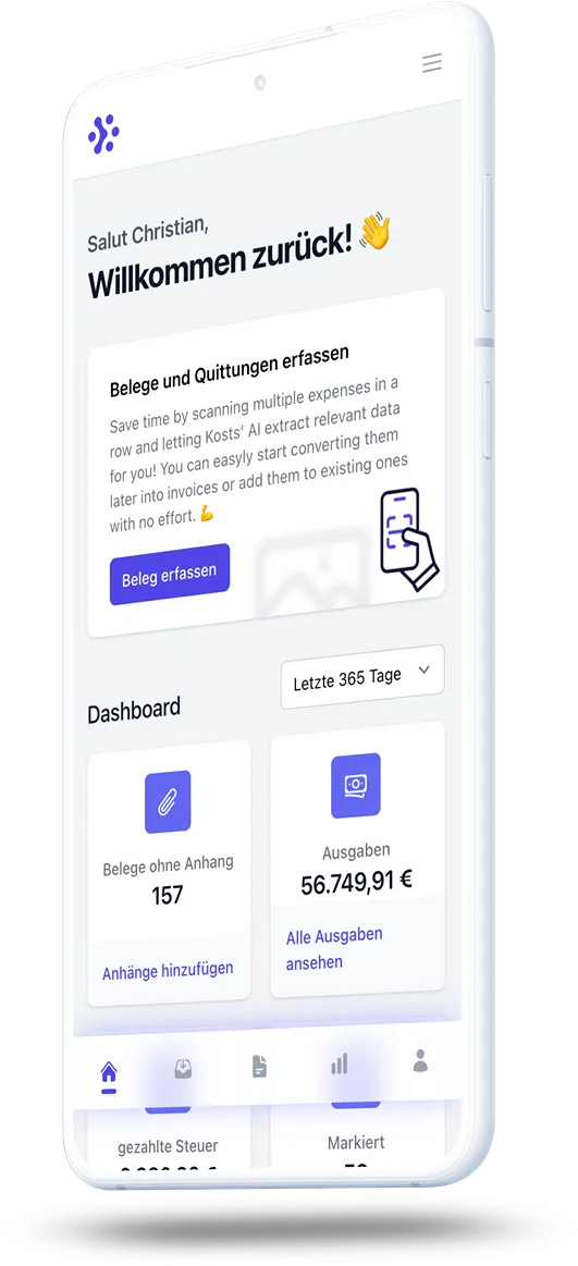Mockup of Kosts' mobile dashboard showing on a mobile phone